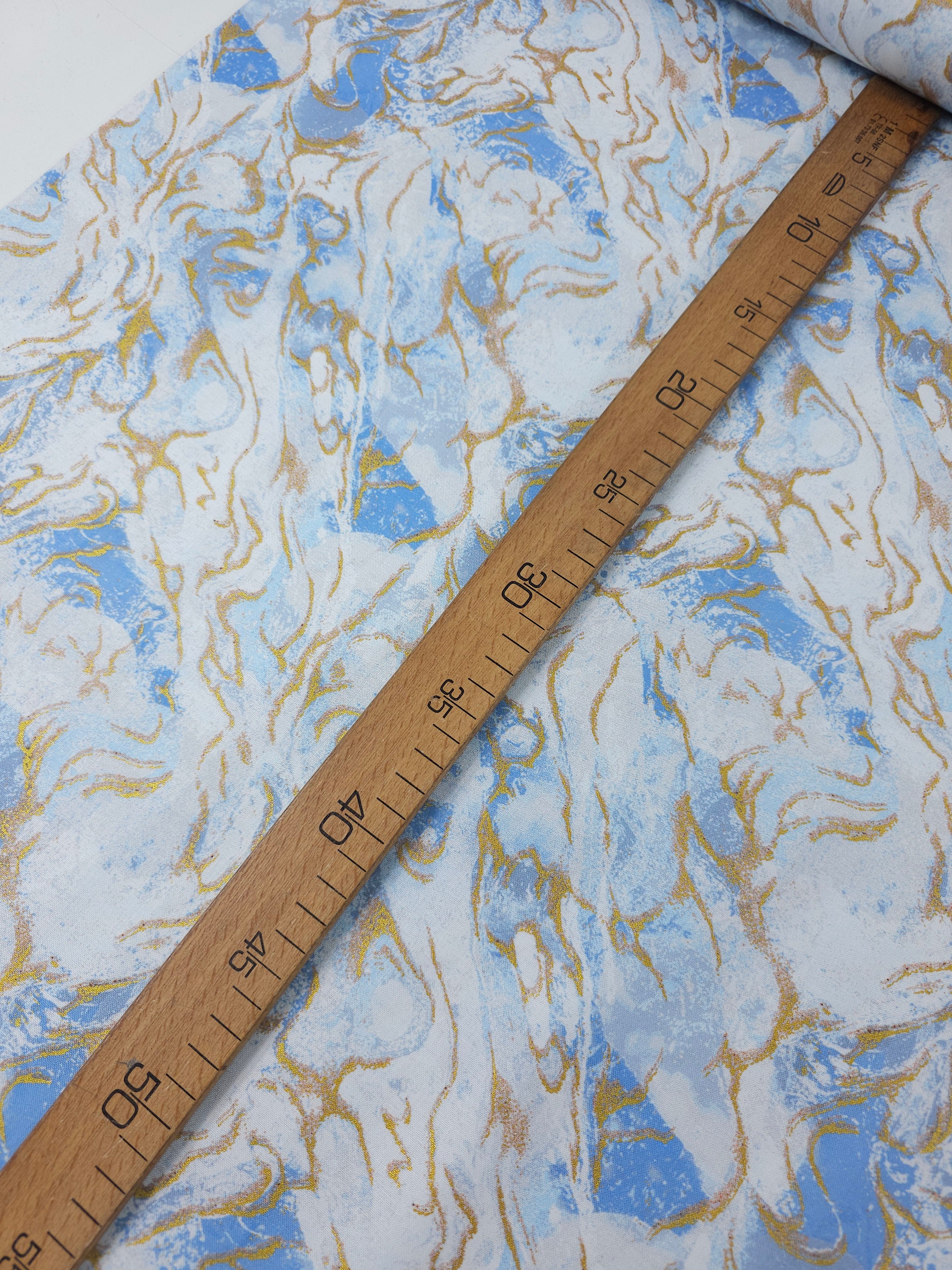 Light Blue/Gold Washed Marble 100% Cotton - Benartex