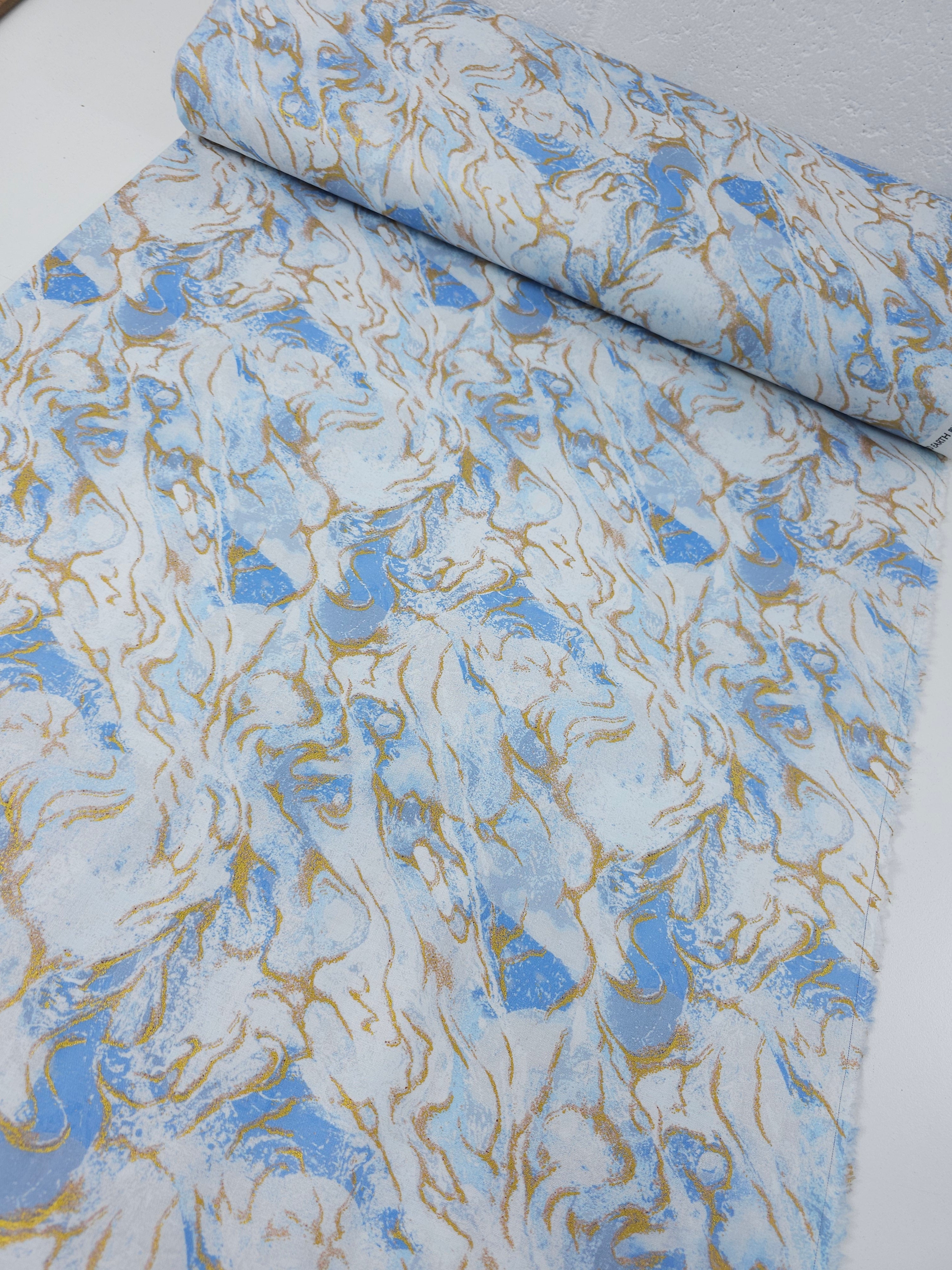 Light Blue/Gold Washed Marble 100% Cotton - Benartex