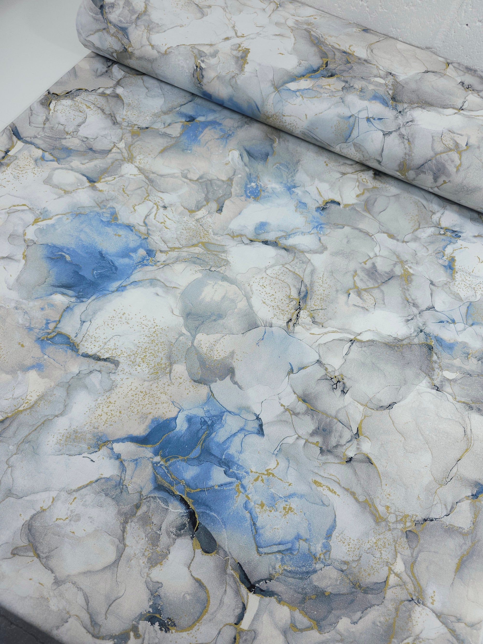 Powder Blue/Gold Marble 100% Cotton 104" *EXTRA WIDE*