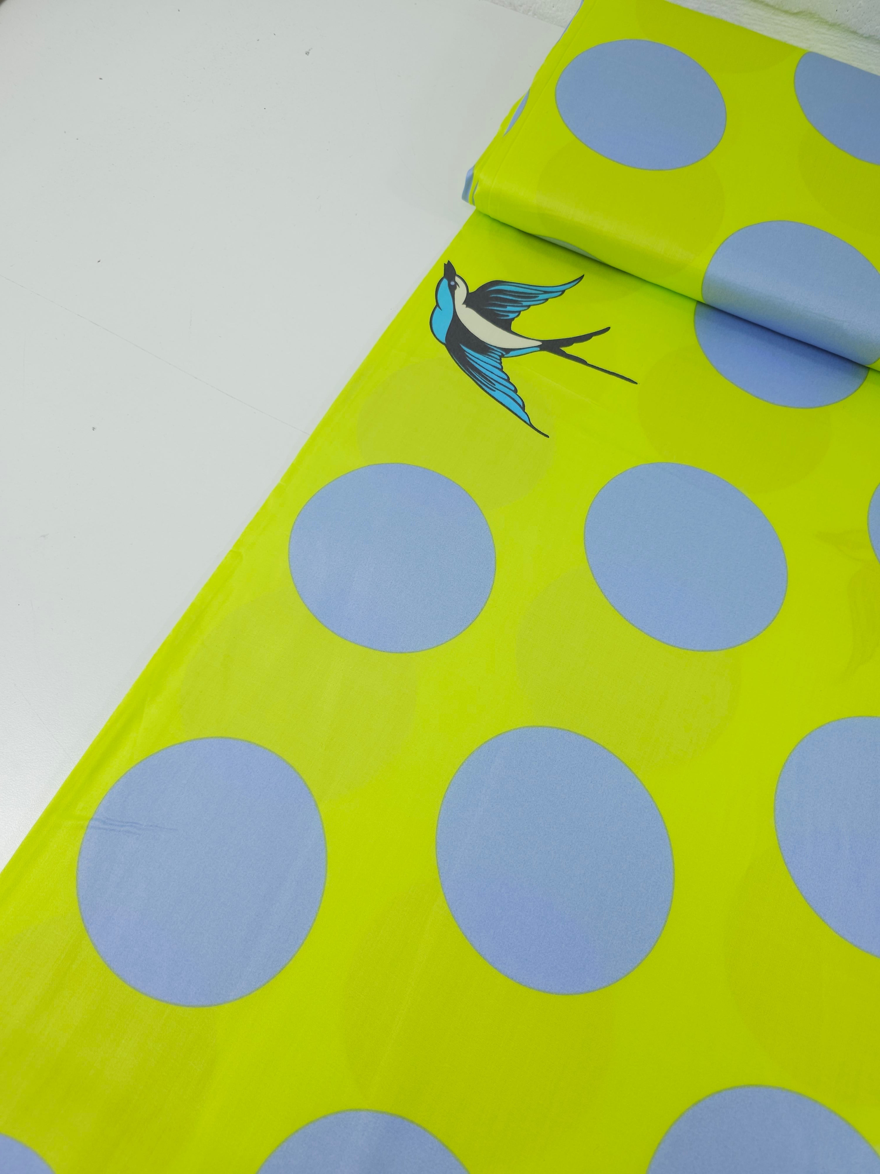 Lime/Baby Blue Free Fall Bird Polka Cotton Sateen 103" - Tula Pink *EXTRA WIDE*