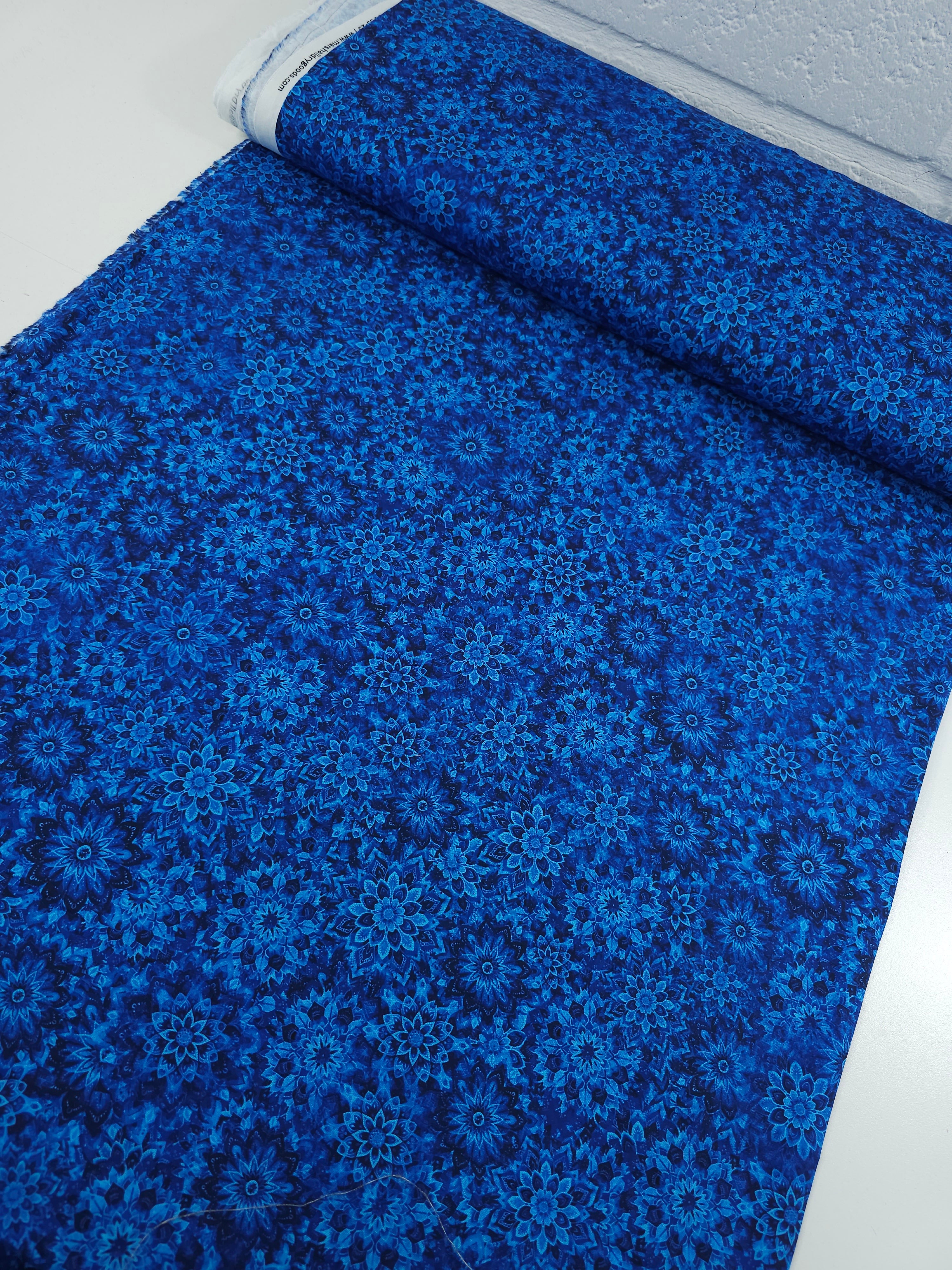 Dark Blue Dancing Dahlias Kaleidoscope 100% Cotton