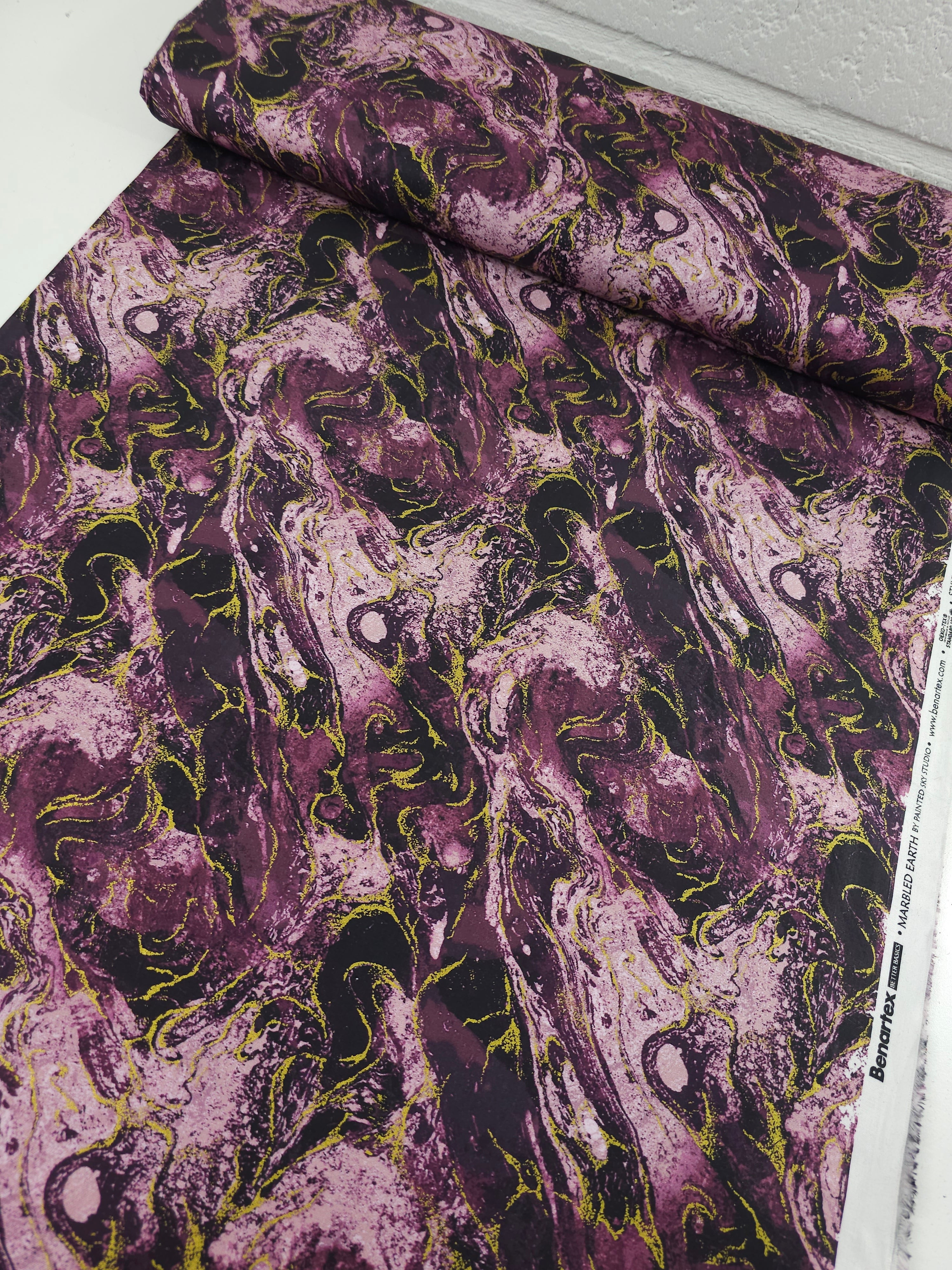 Plum Purple/Gold Marble 100% Cotton - Benartex