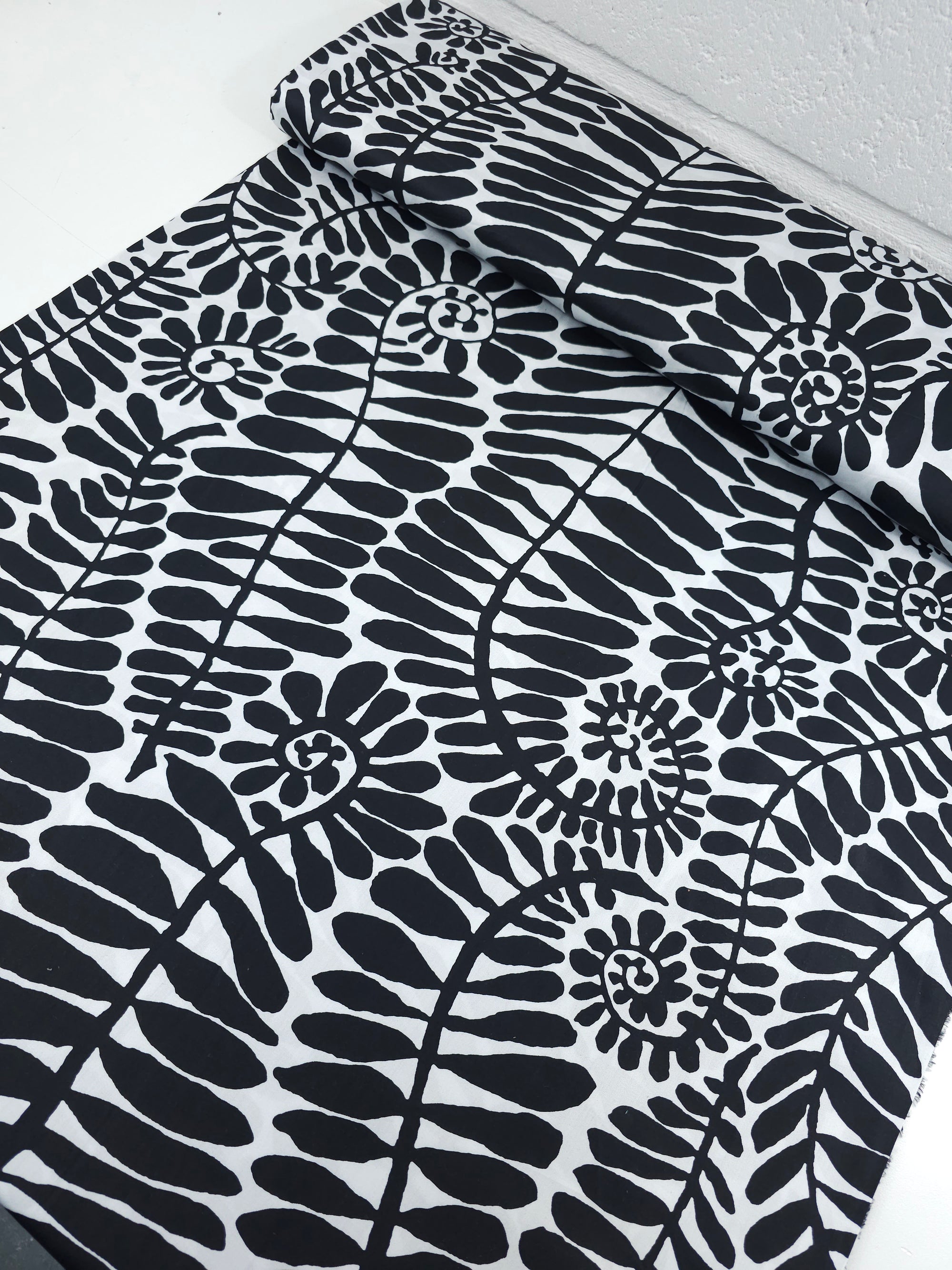 Black/White Palm Vine Cotton Sateen 106" - Kaffe Fassett *EXTRA WIDE*