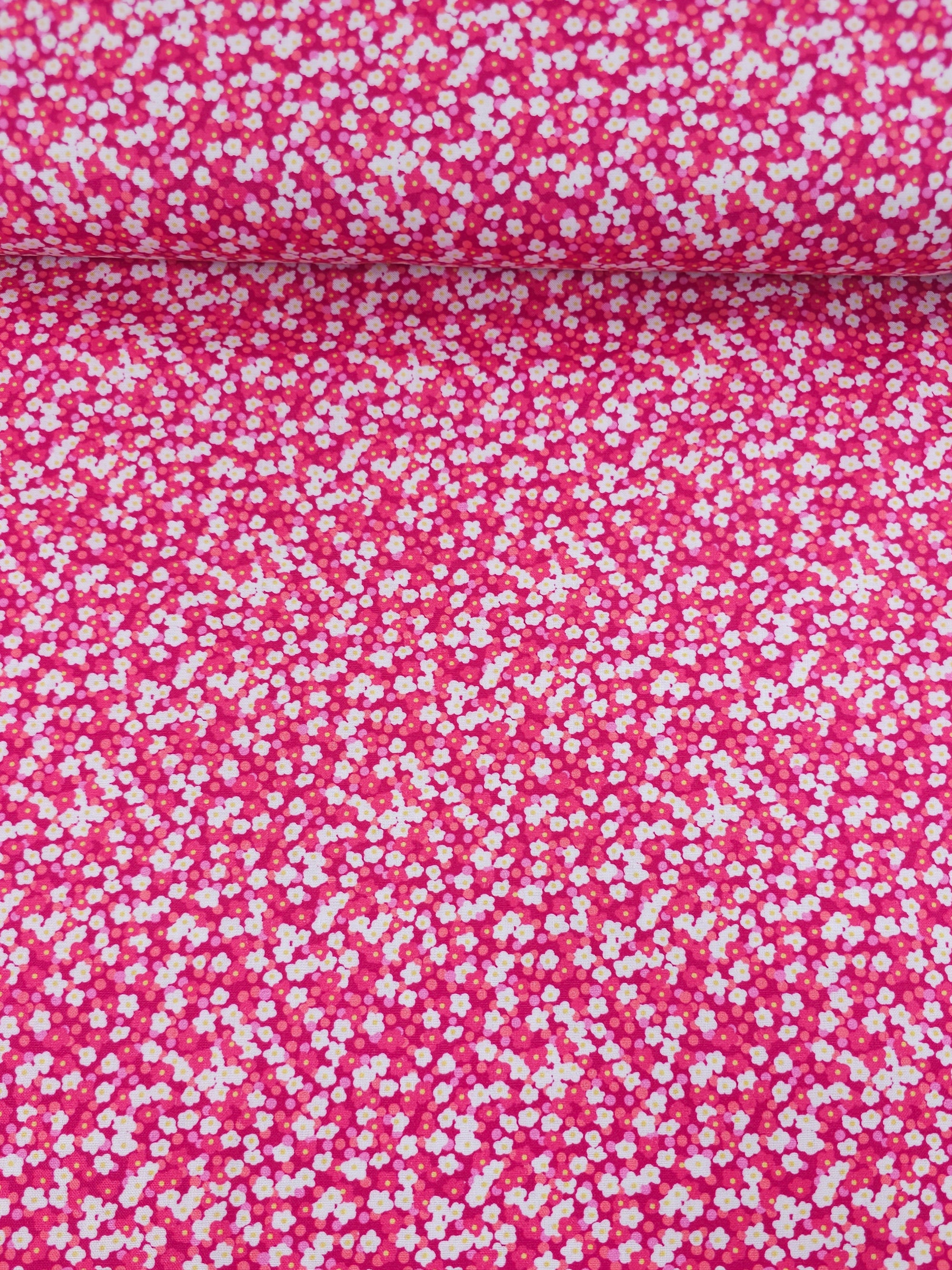 Pink Ditsy Puff Daisy Floral 100% Cotton