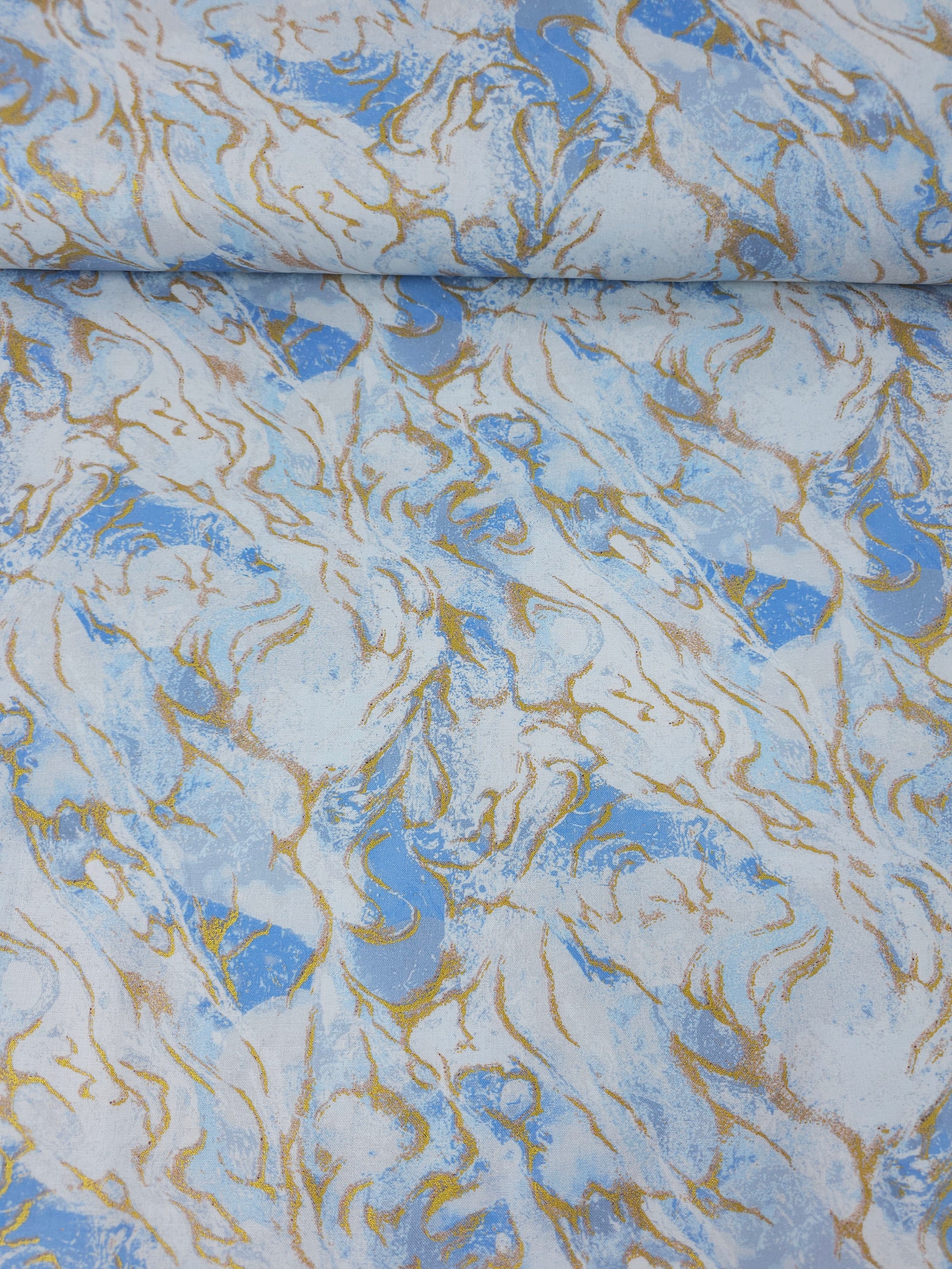 Light Blue/Gold Washed Marble 100% Cotton - Benartex
