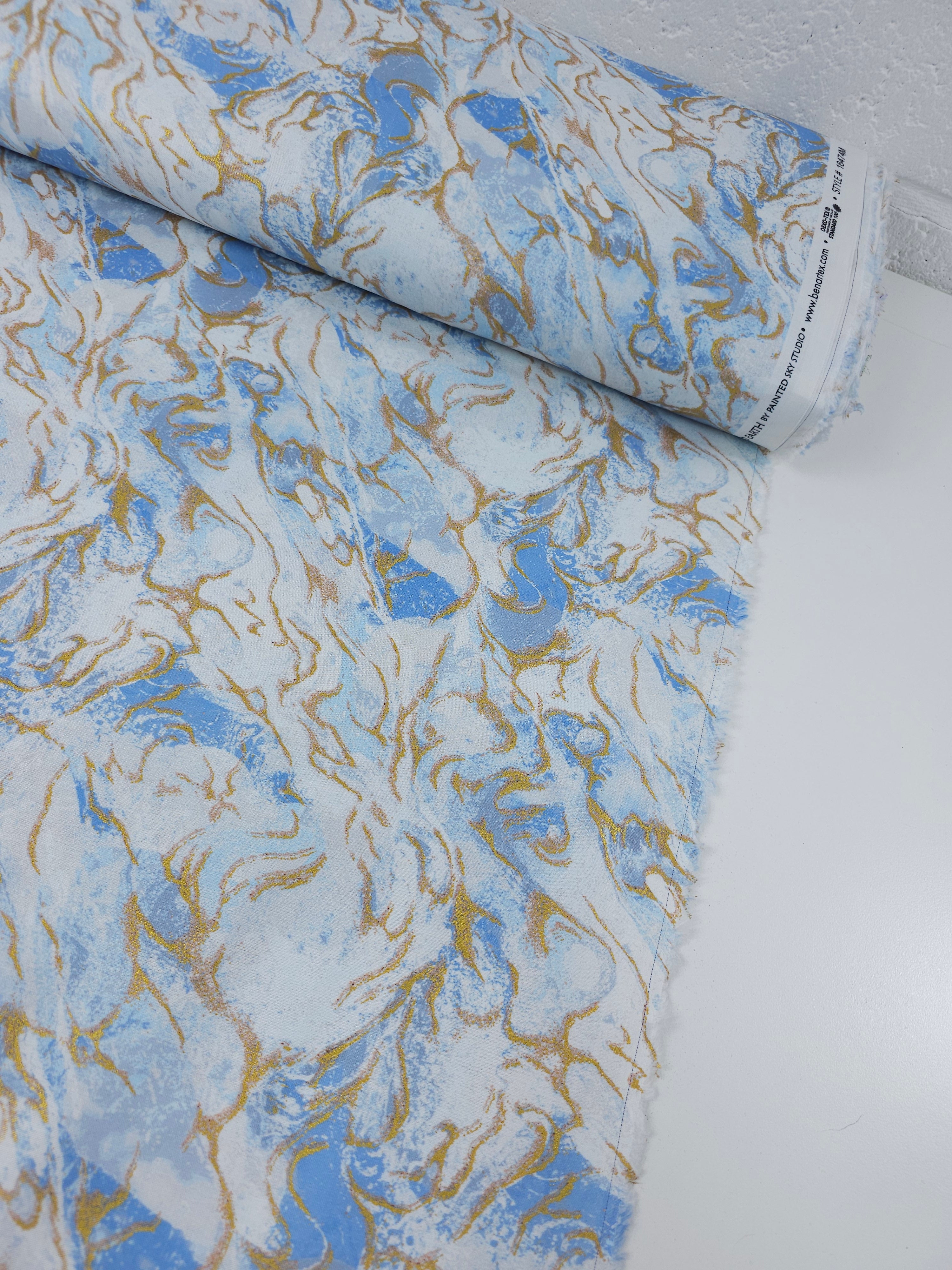 Light Blue/Gold Washed Marble 100% Cotton - Benartex