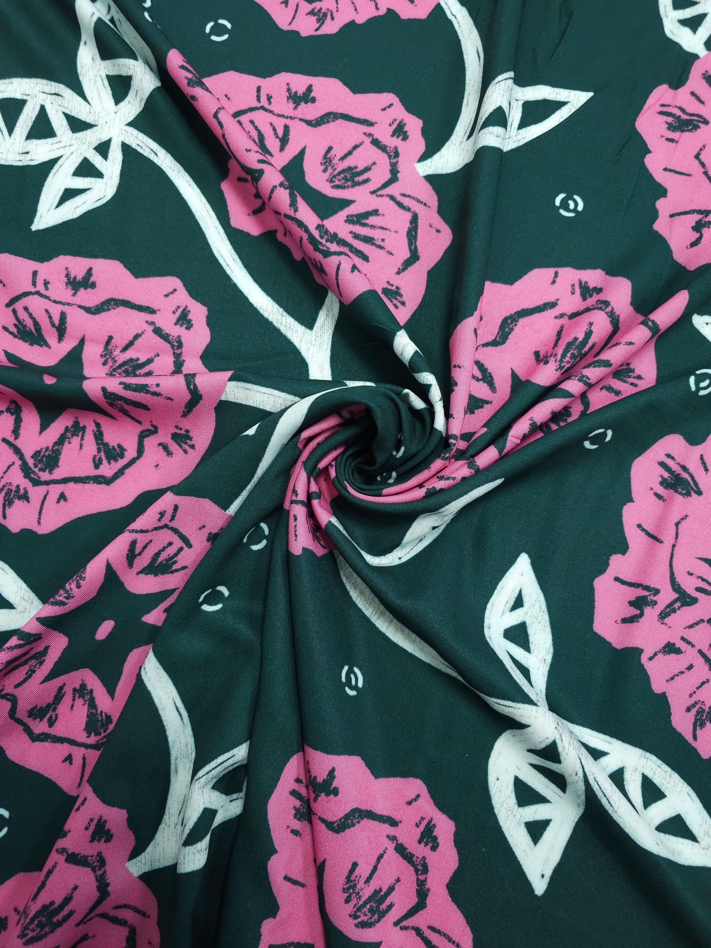 Forest Green/Pink Large Abstract Rose Twine Viscose Challis