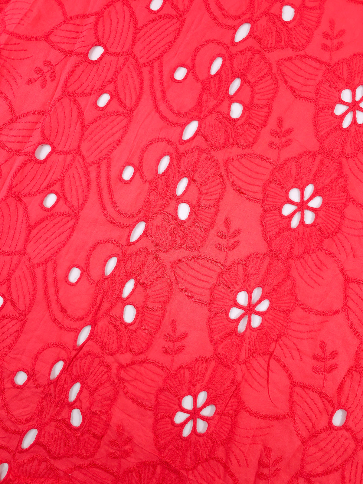 Coral Red Flower Puff Trail Lightweight Cotton Broderie Anglaise