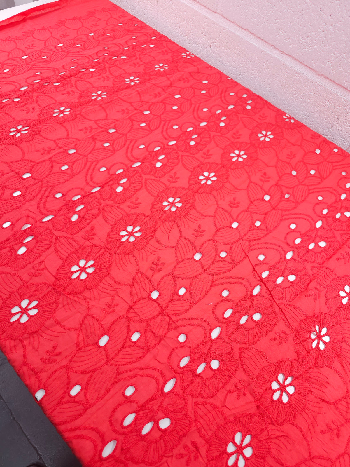 Coral Red Flower Puff Trail Lightweight Cotton Broderie Anglaise