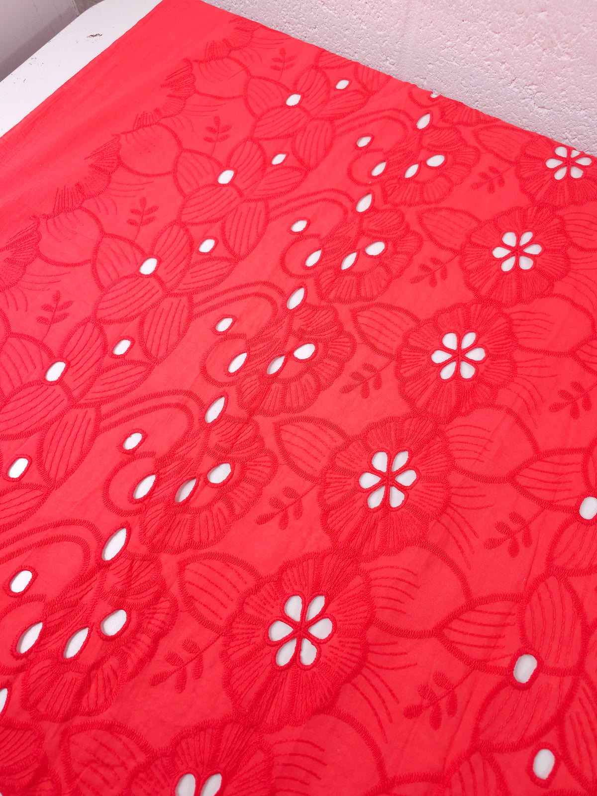 Coral Red Flower Puff Trail Lightweight Cotton Broderie Anglaise