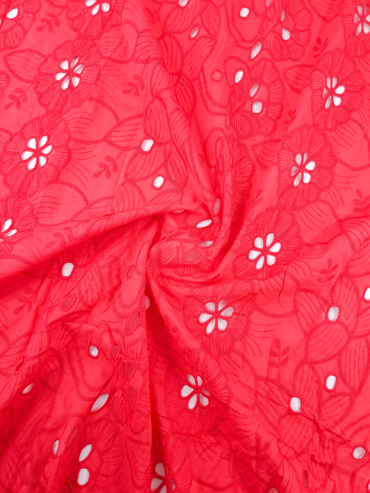 Coral Red Flower Puff Trail Lightweight Cotton Broderie Anglaise