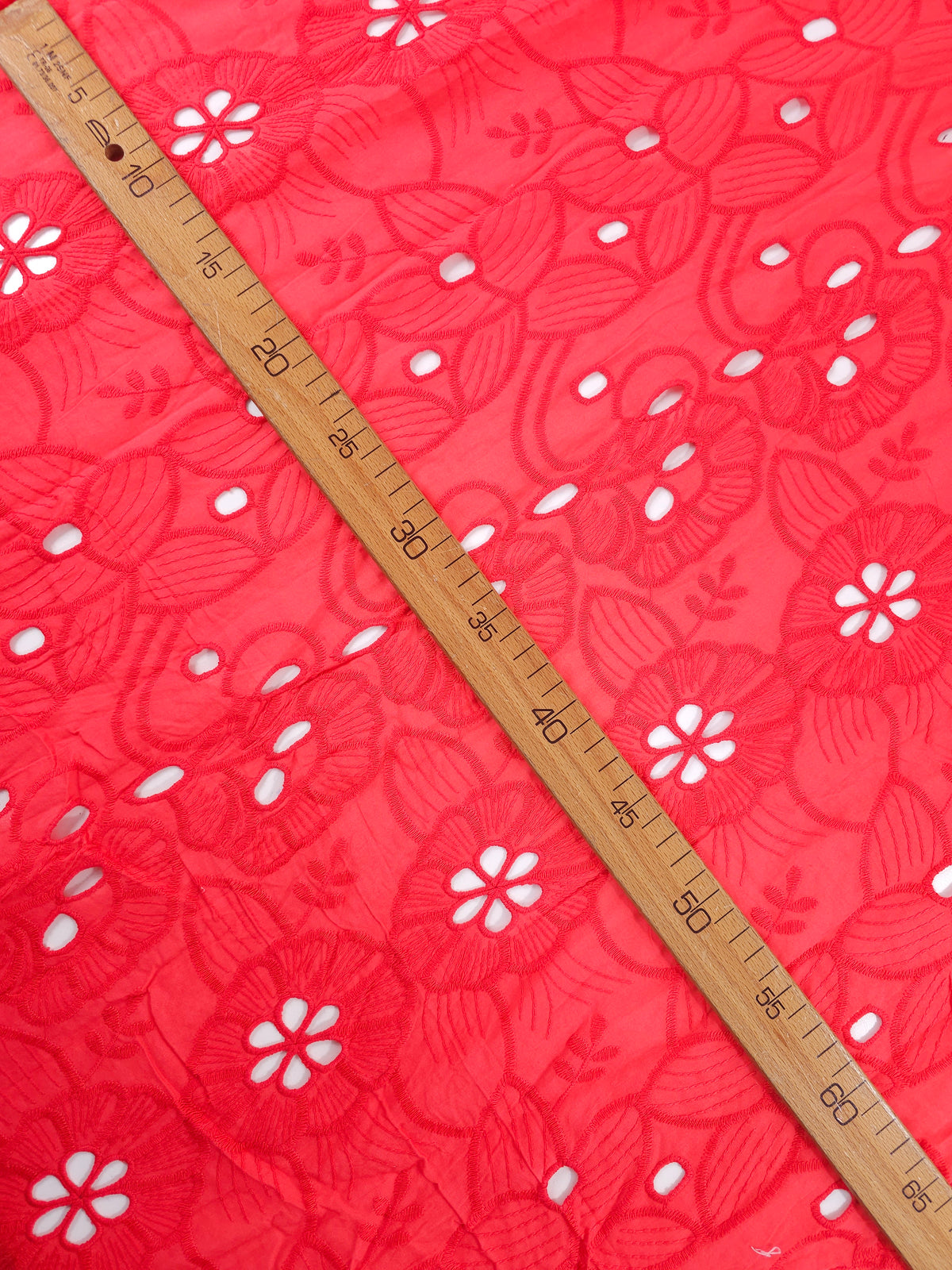 Coral Red Flower Puff Trail Lightweight Cotton Broderie Anglaise