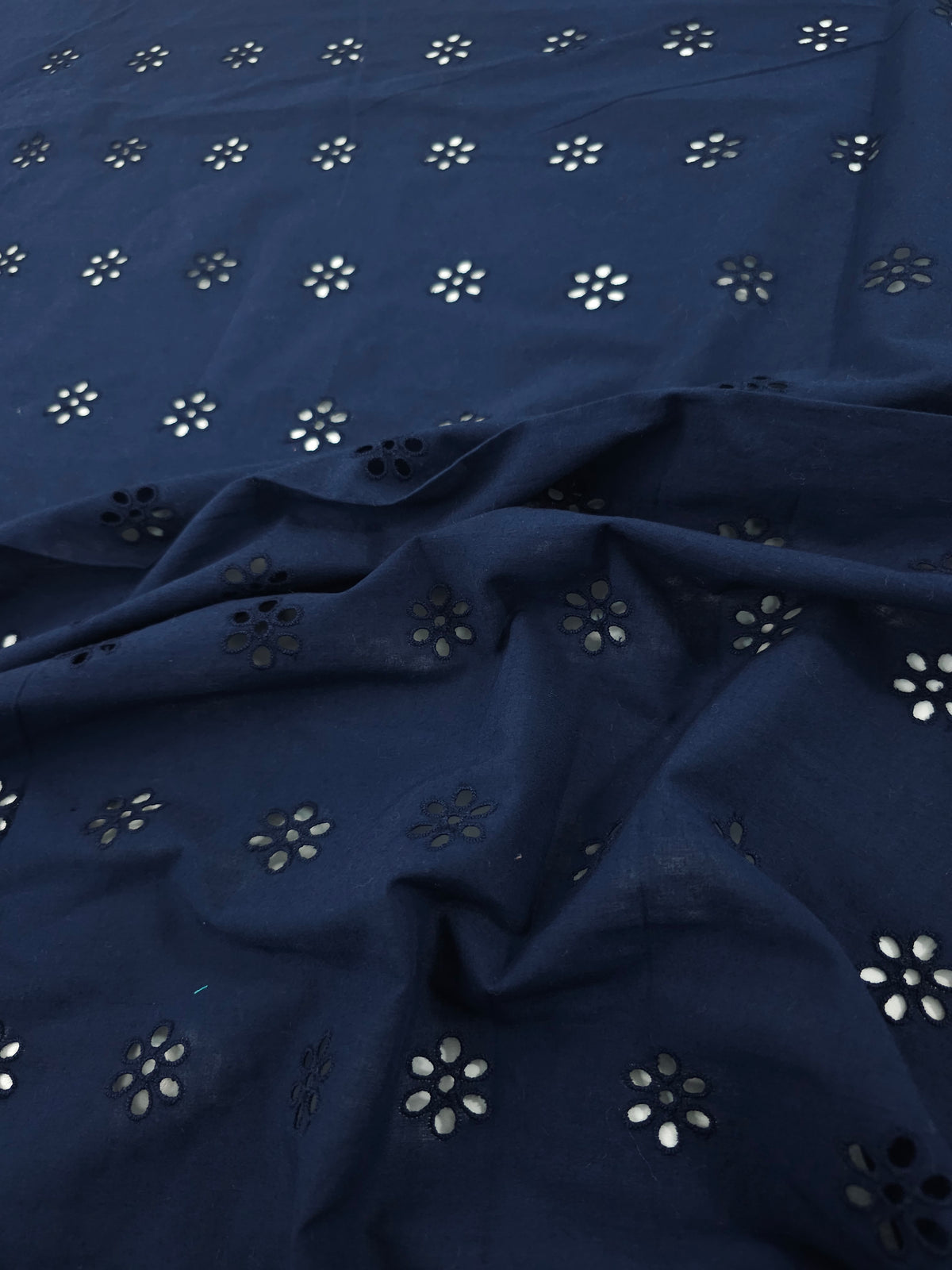 Dark Navy Daisy Border Lightweight Cotton Broderie Anglaise
