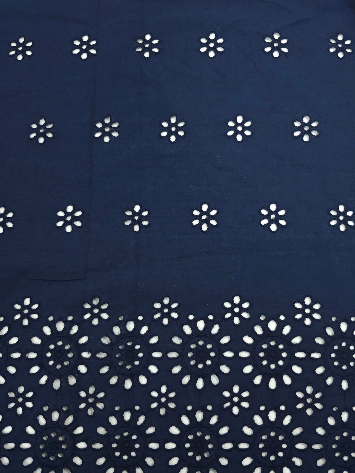 Dark Navy Daisy Border Lightweight Cotton Broderie Anglaise