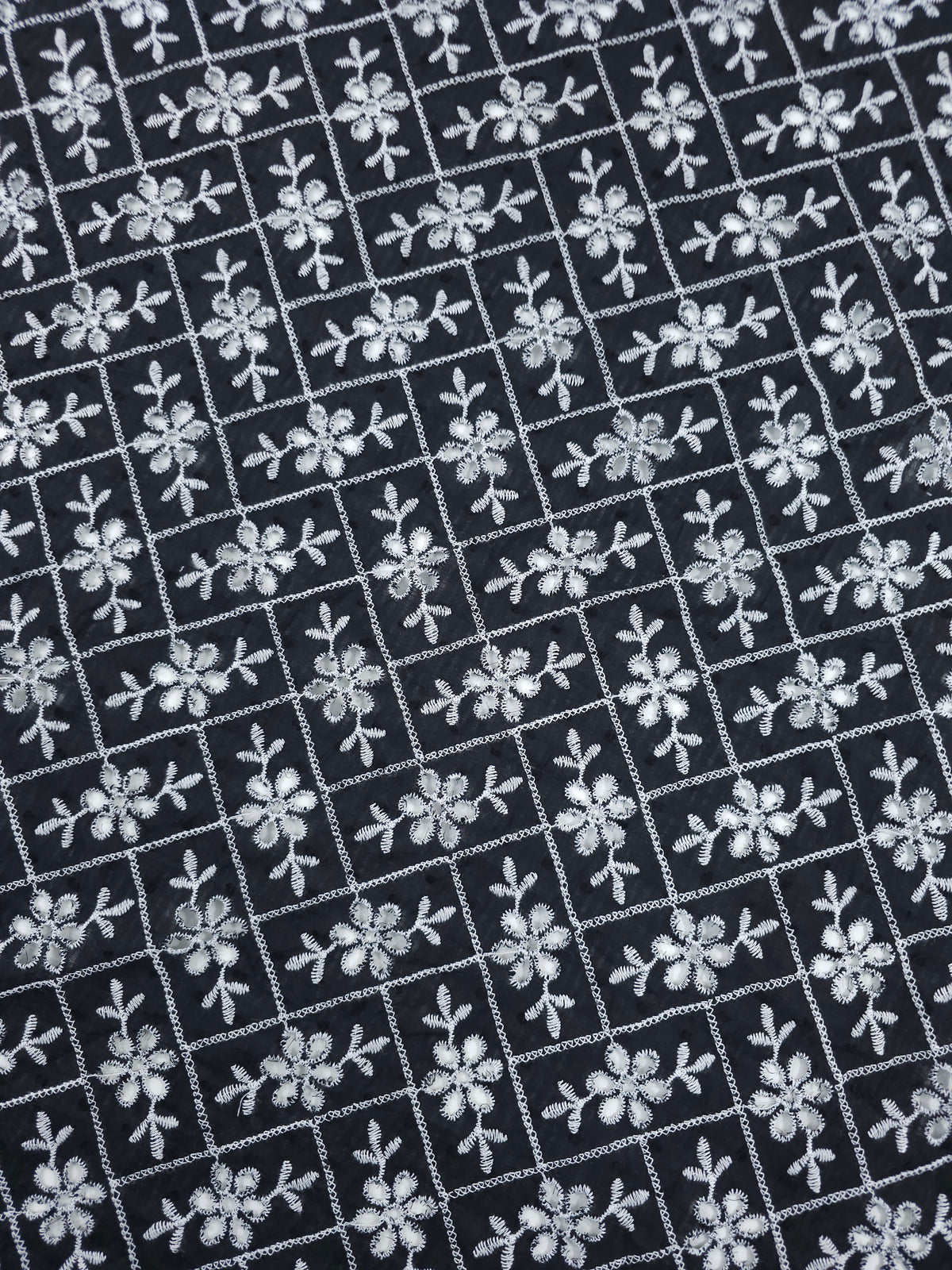 Black/White Rectangle Floral Dobby Sheer Cotton Broderie Anglaise