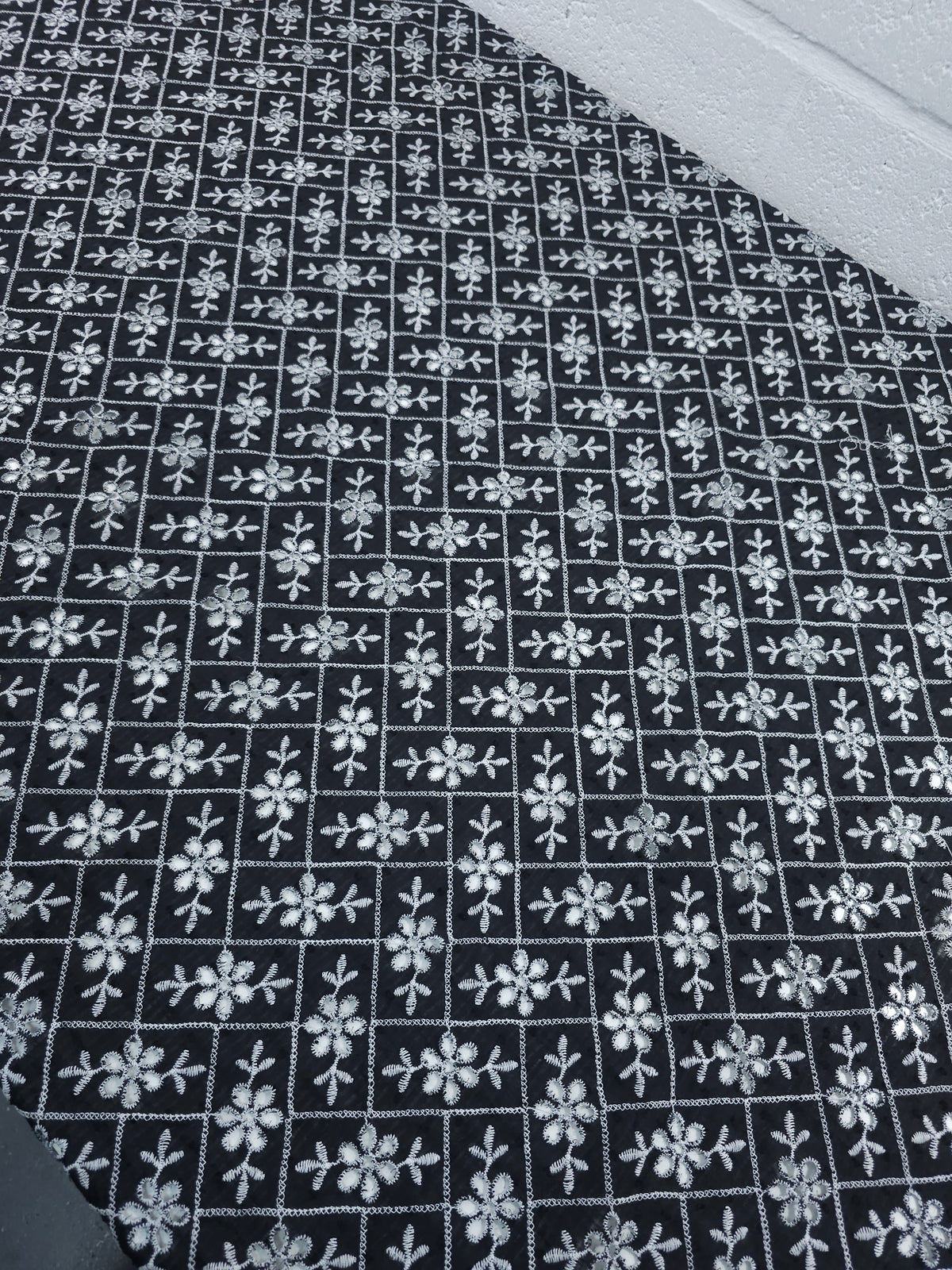 Black/White Rectangle Floral Dobby Sheer Cotton Broderie Anglaise