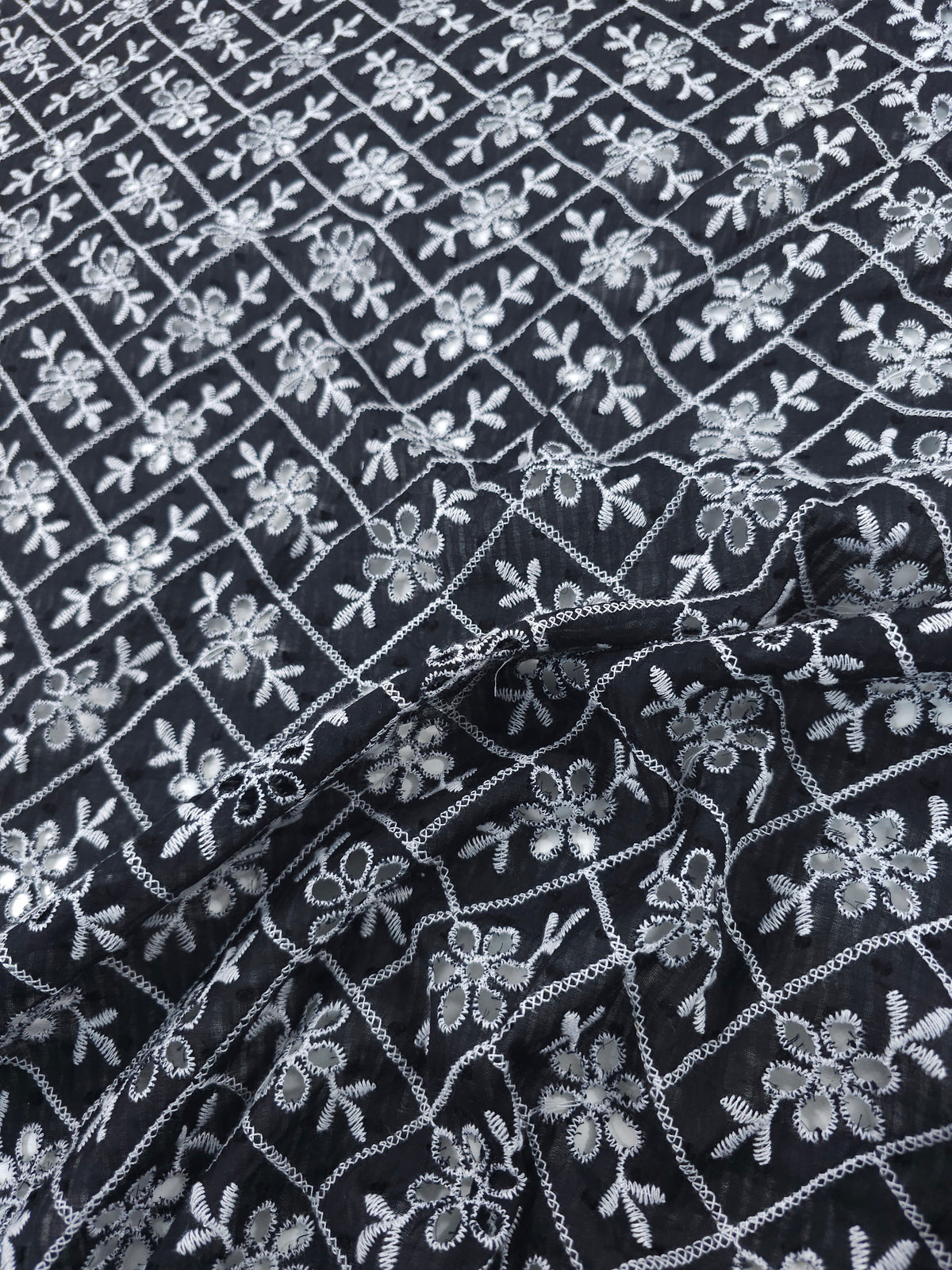 Black/White Rectangle Floral Dobby Sheer Cotton Broderie Anglaise