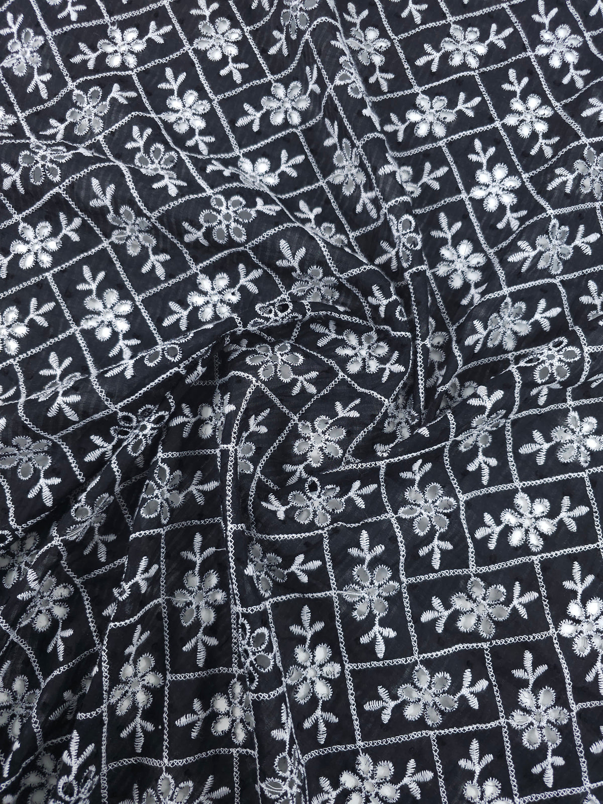 Black/White Rectangle Floral Dobby Sheer Cotton Broderie Anglaise
