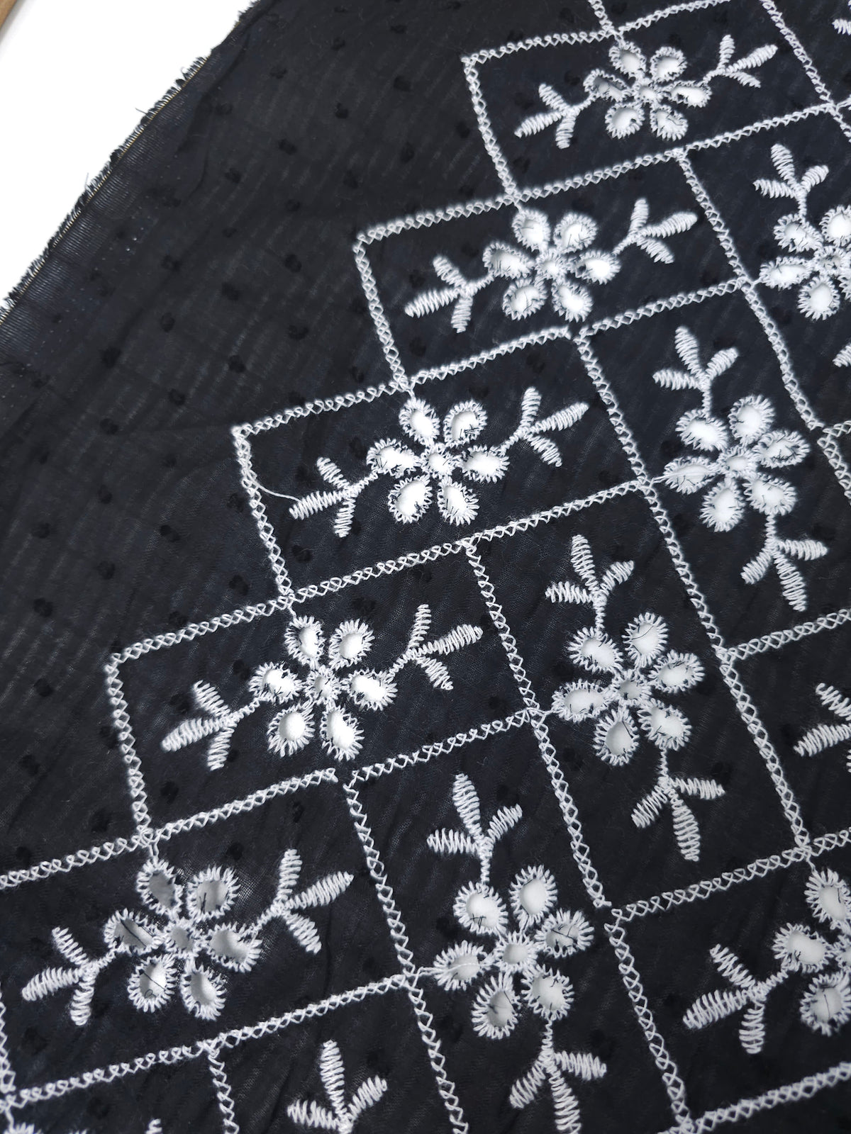 Black/White Rectangle Floral Dobby Sheer Cotton Broderie Anglaise