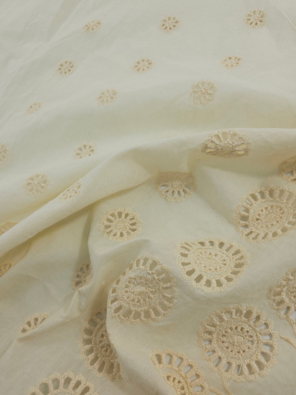 Creamy Beige Symmetry Puff Floral Lightweight Cotton Broderie Anglaise