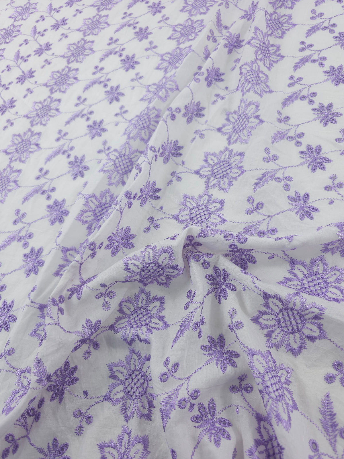Metallic Lilac/White Floral Trail Cambric Cotton Broderie Anglaise