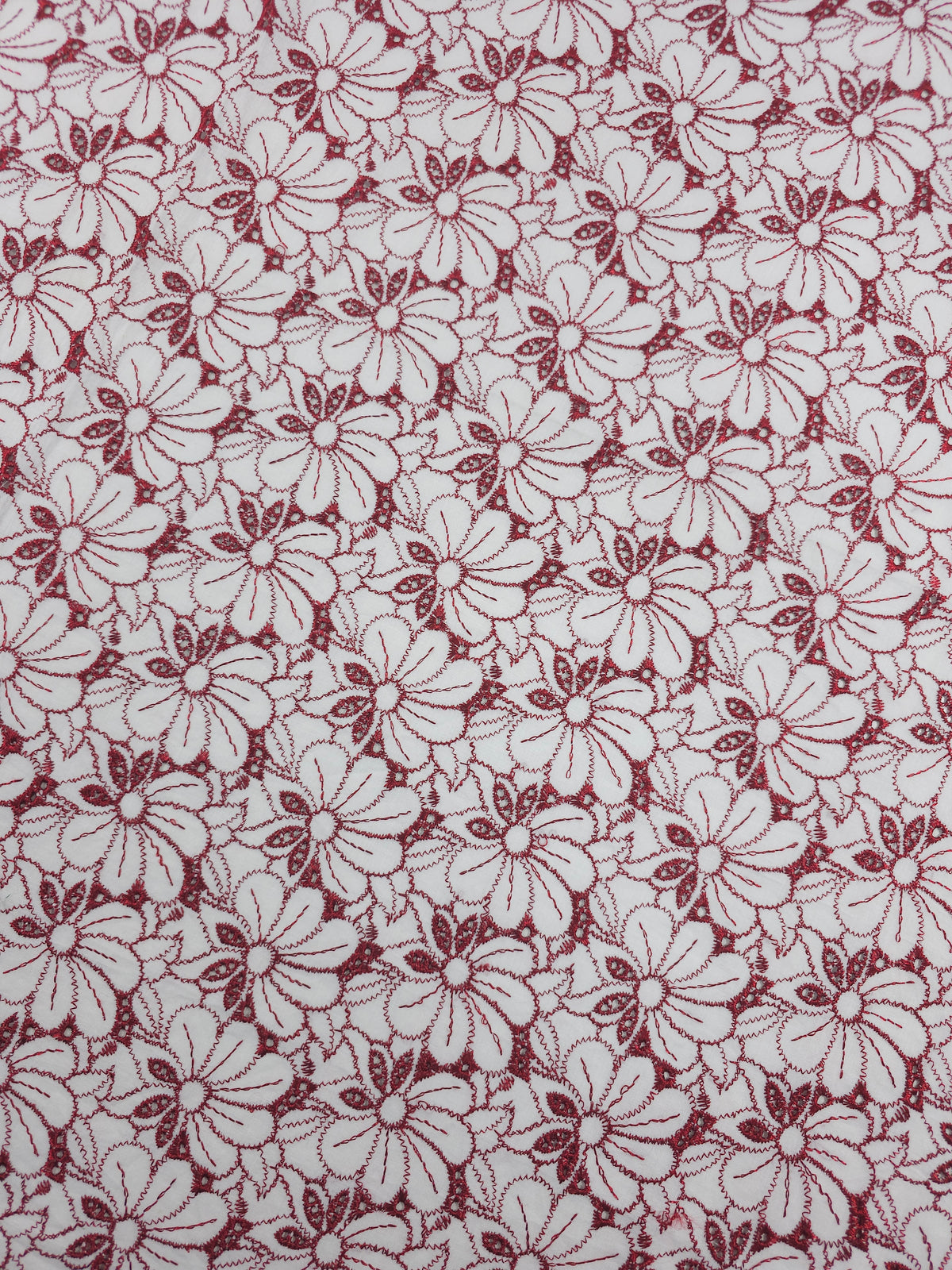 Deep Metallic Red/White Wildflower Cotton Broderie Anglaise