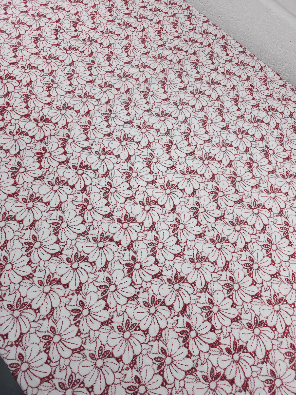 Deep Metallic Red/White Wildflower Cotton Broderie Anglaise