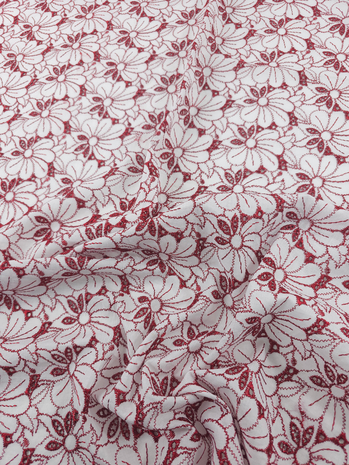 Deep Metallic Red/White Wildflower Cotton Broderie Anglaise