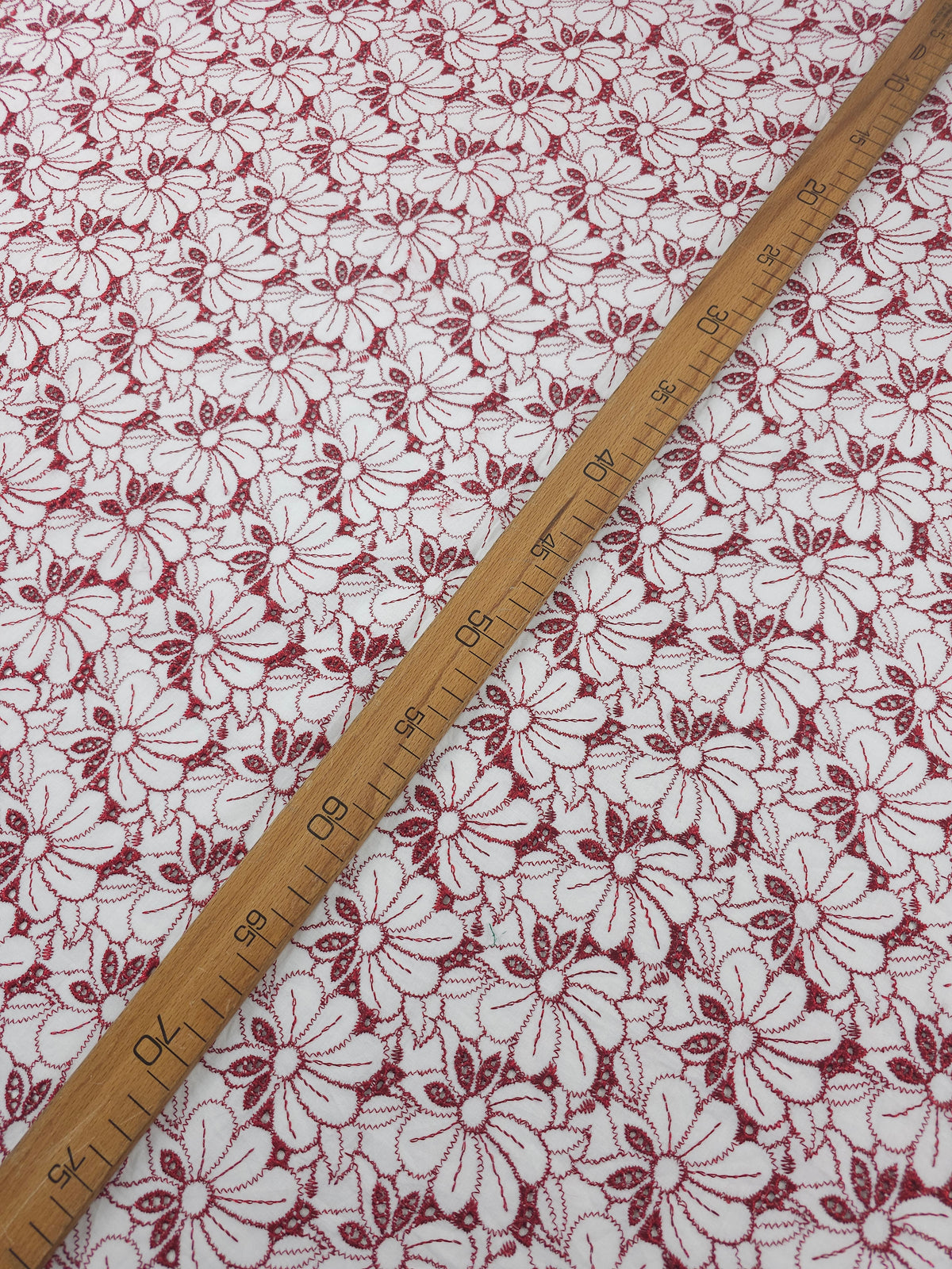 Deep Metallic Red/White Wildflower Cotton Broderie Anglaise