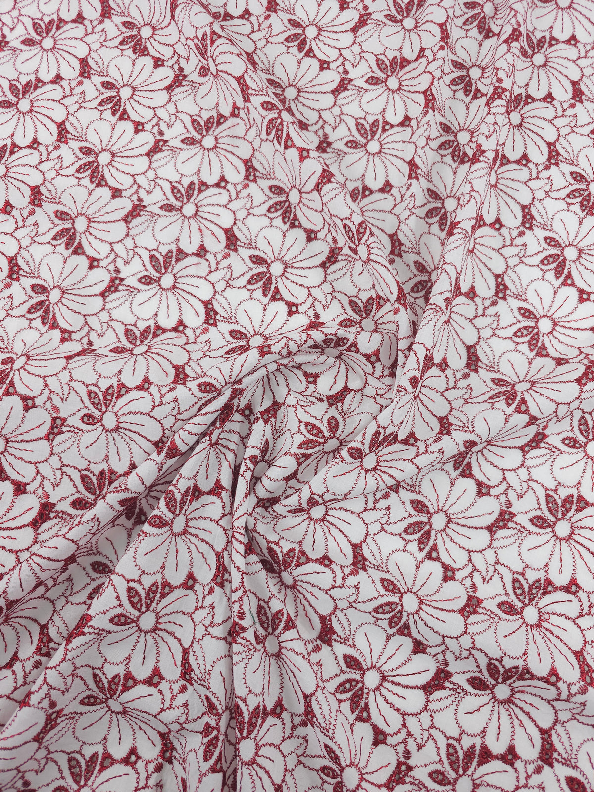 Deep Metallic Red/White Wildflower Cotton Broderie Anglaise