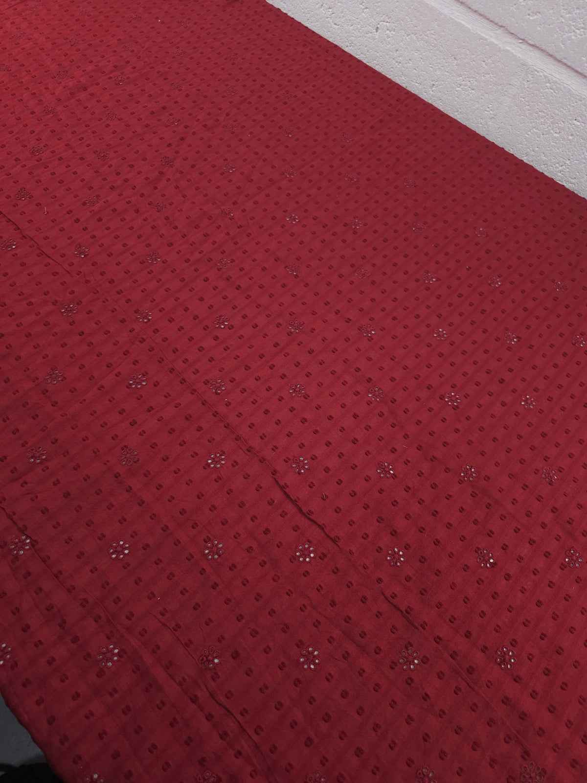 Deep Red Daisy Dobby Lightweight Cotton Broderie Anglaise
