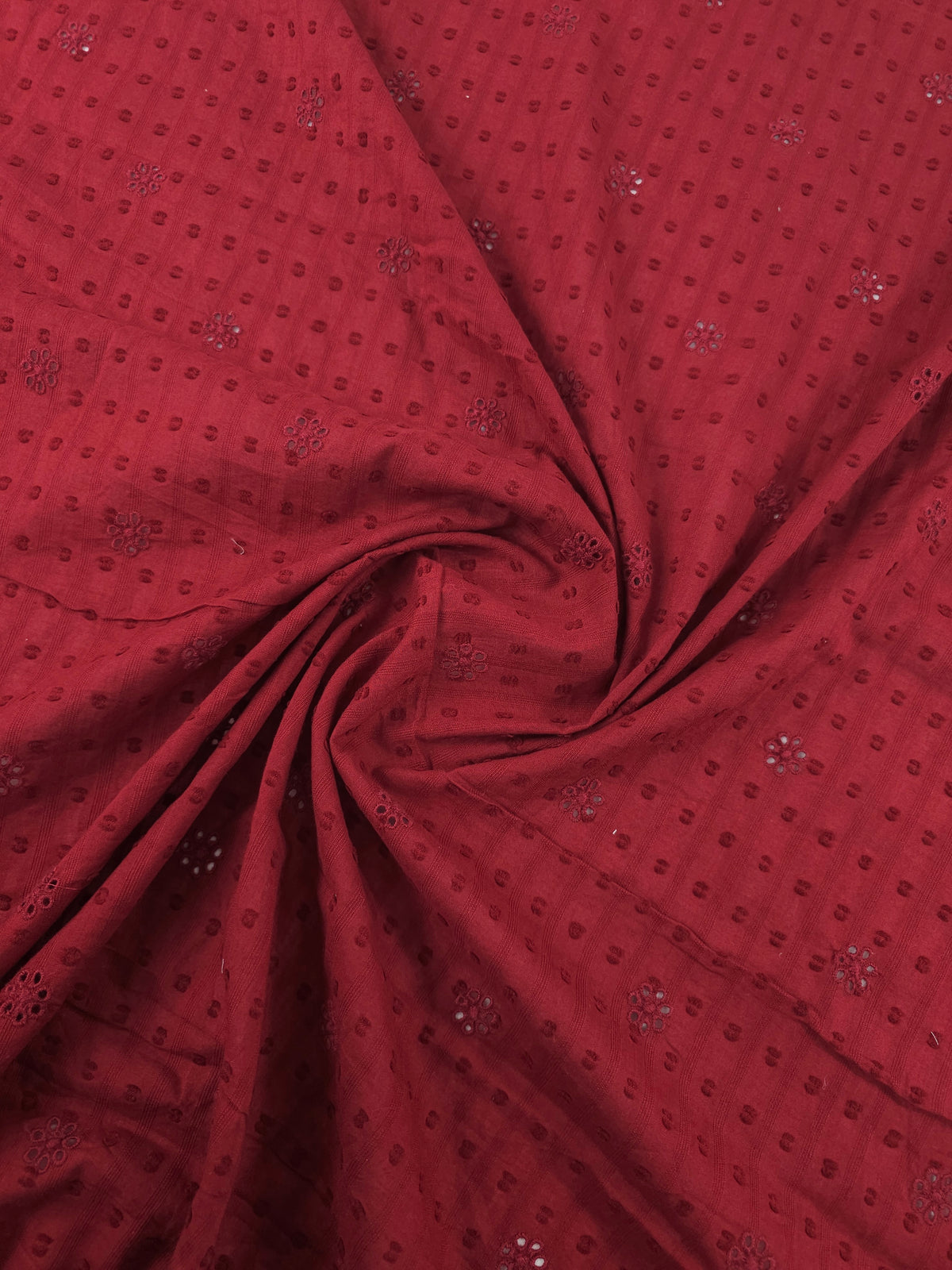 Deep Red Daisy Dobby Lightweight Cotton Broderie Anglaise