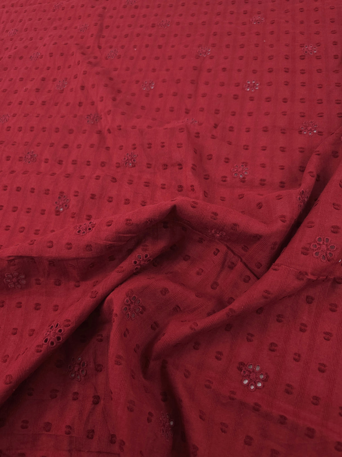 Deep Red Daisy Dobby Lightweight Cotton Broderie Anglaise