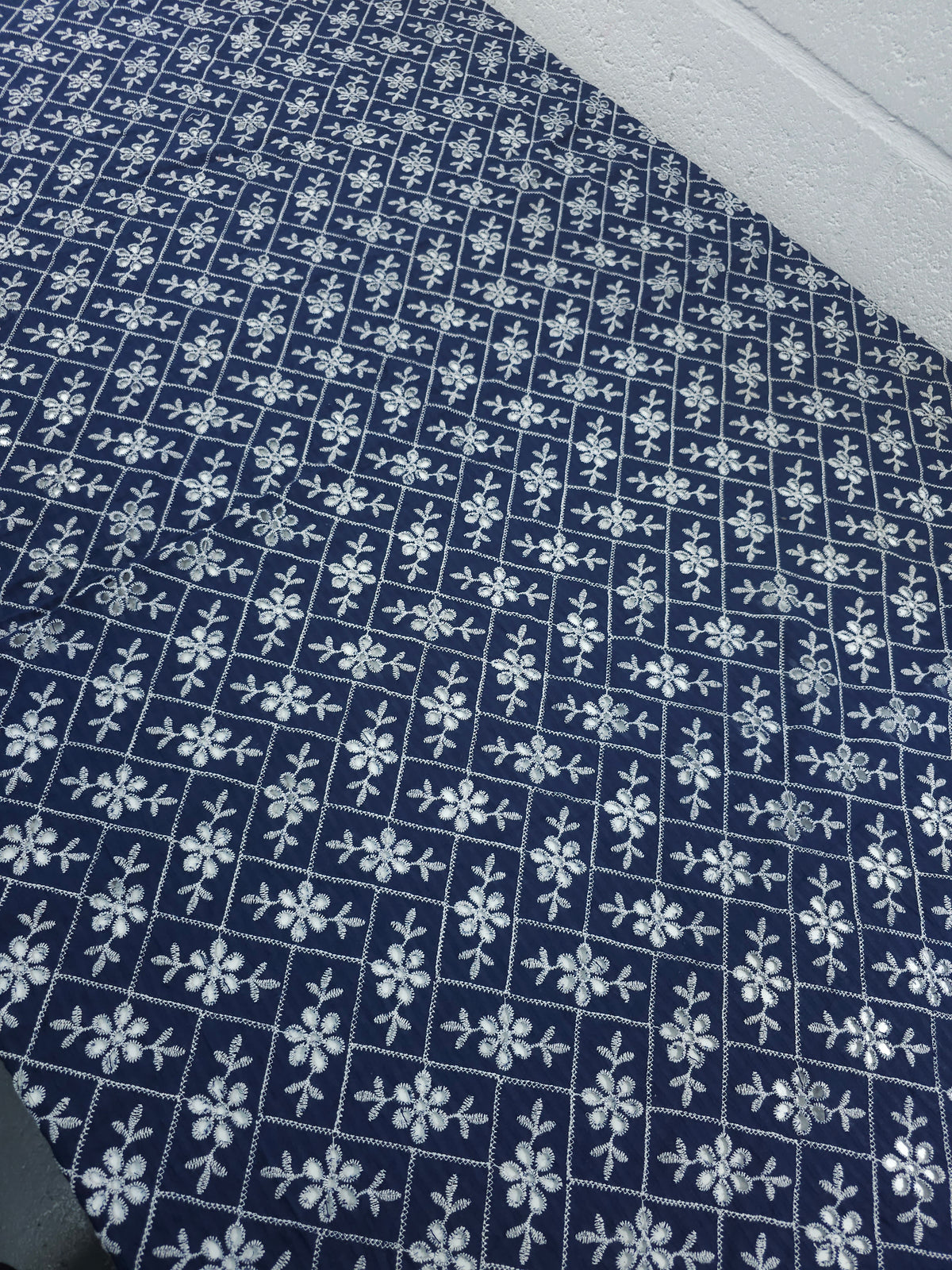 Navy Rectangle Floral Lightweight Cotton Broderie Anglaise