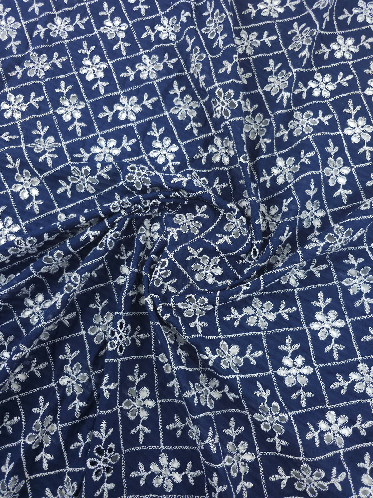 Navy Rectangle Floral Lightweight Cotton Broderie Anglaise