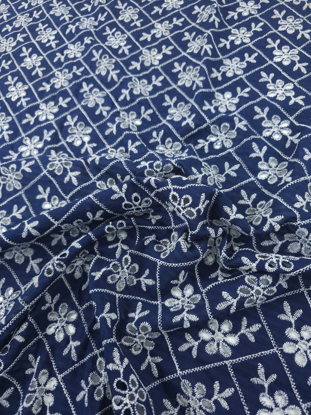 Navy Rectangle Floral Lightweight Cotton Broderie Anglaise