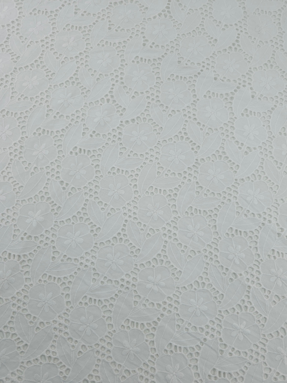 White Floral Leaf Stems Cambric Cotton Broderie Anglaise