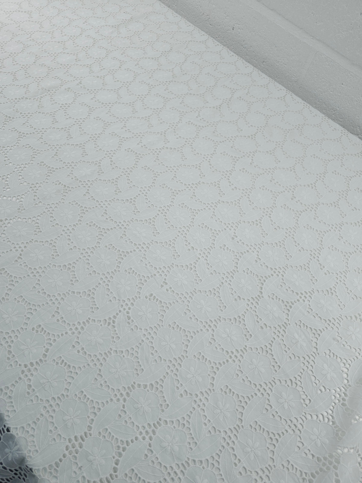 White Floral Leaf Stems Cambric Cotton Broderie Anglaise