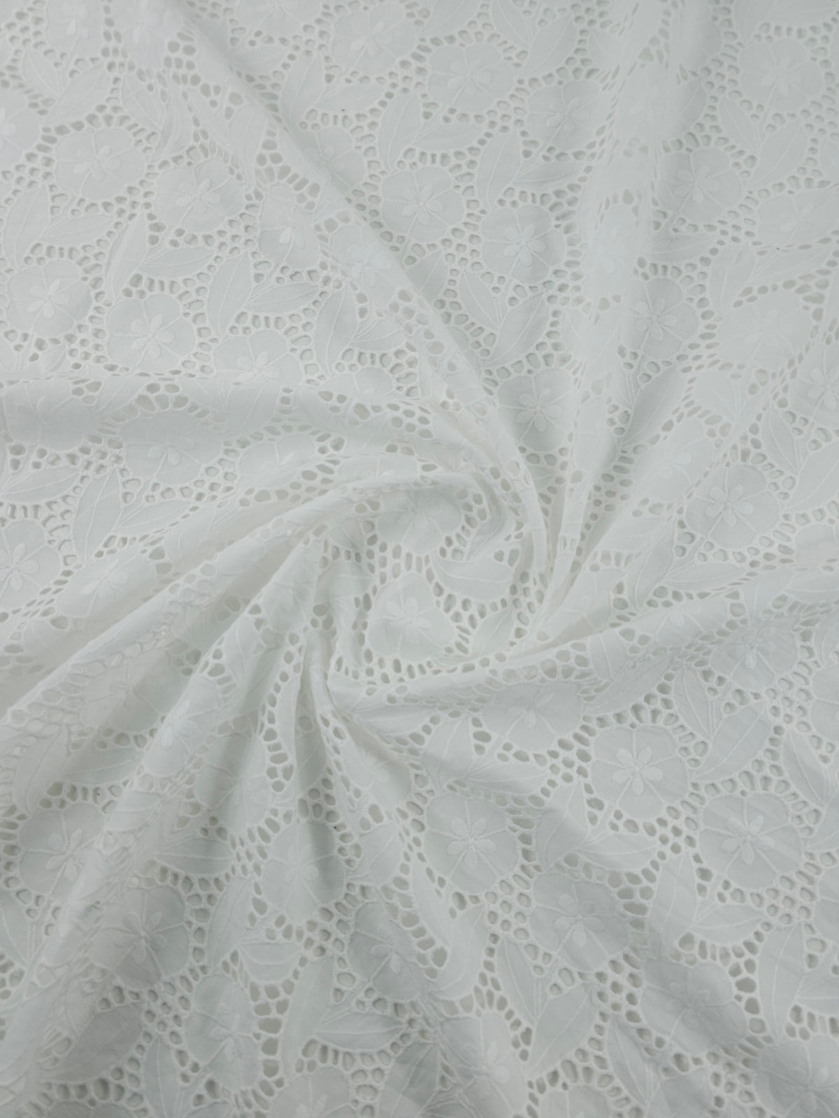 White Floral Leaf Stems Cambric Cotton Broderie Anglaise