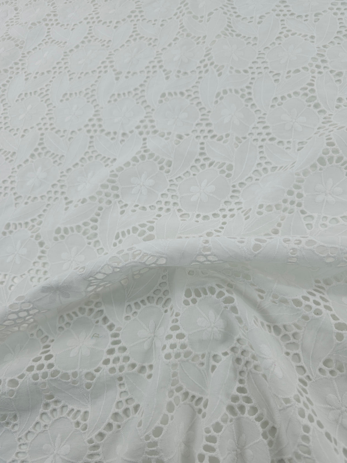 White Floral Leaf Stems Cambric Cotton Broderie Anglaise