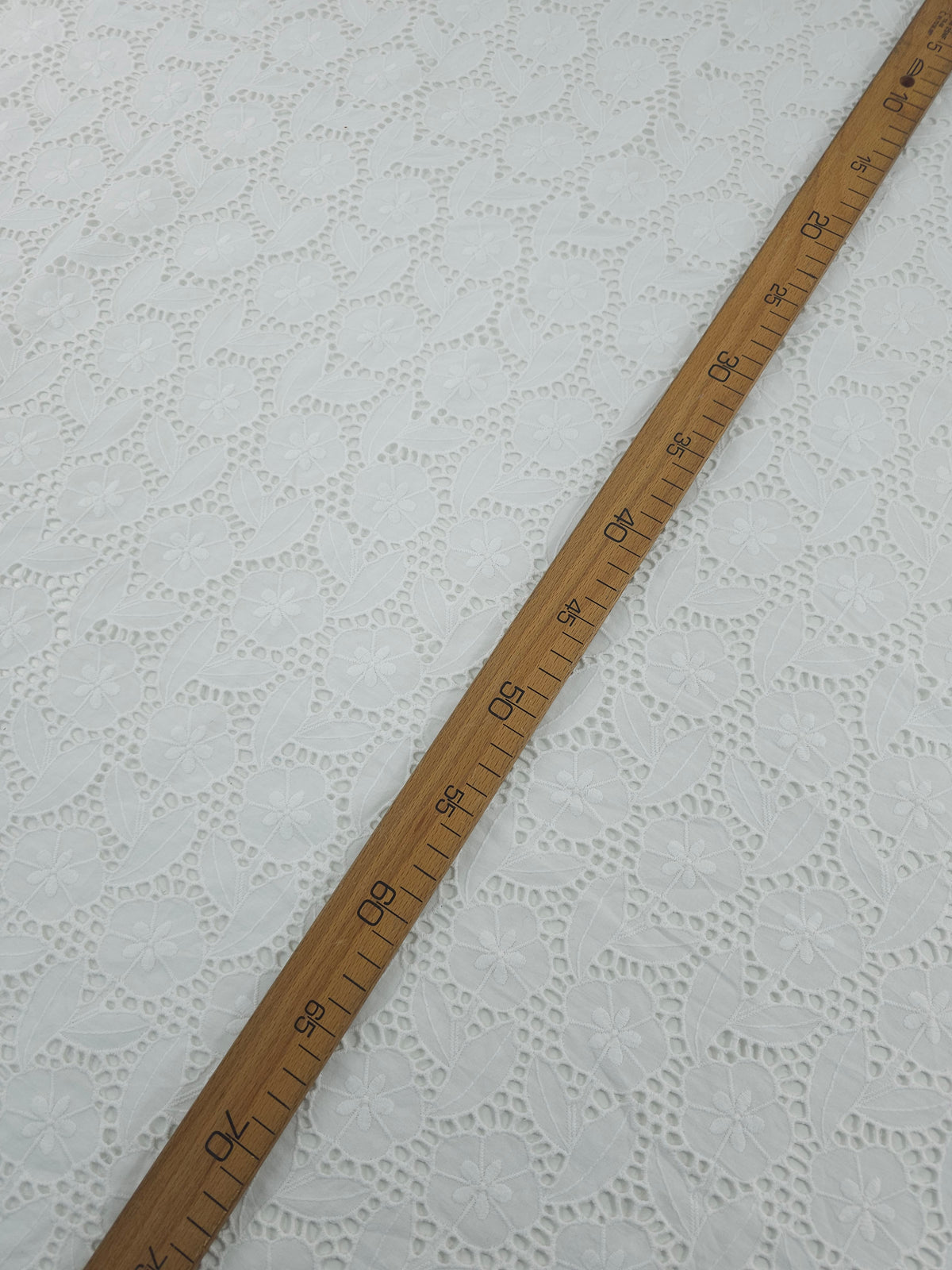 White Floral Leaf Stems Cambric Cotton Broderie Anglaise