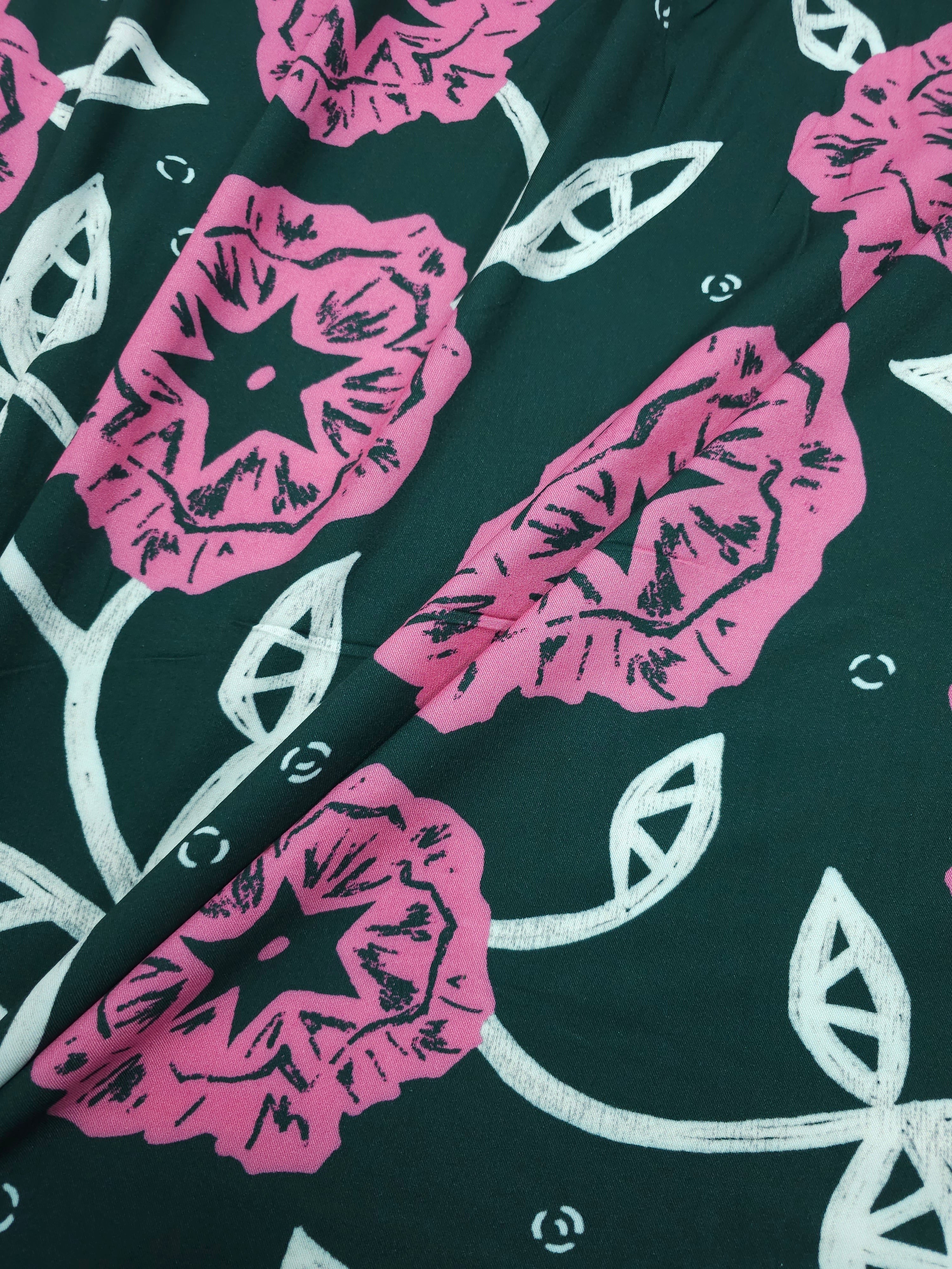 Forest Green/Pink Large Abstract Rose Twine Viscose Challis