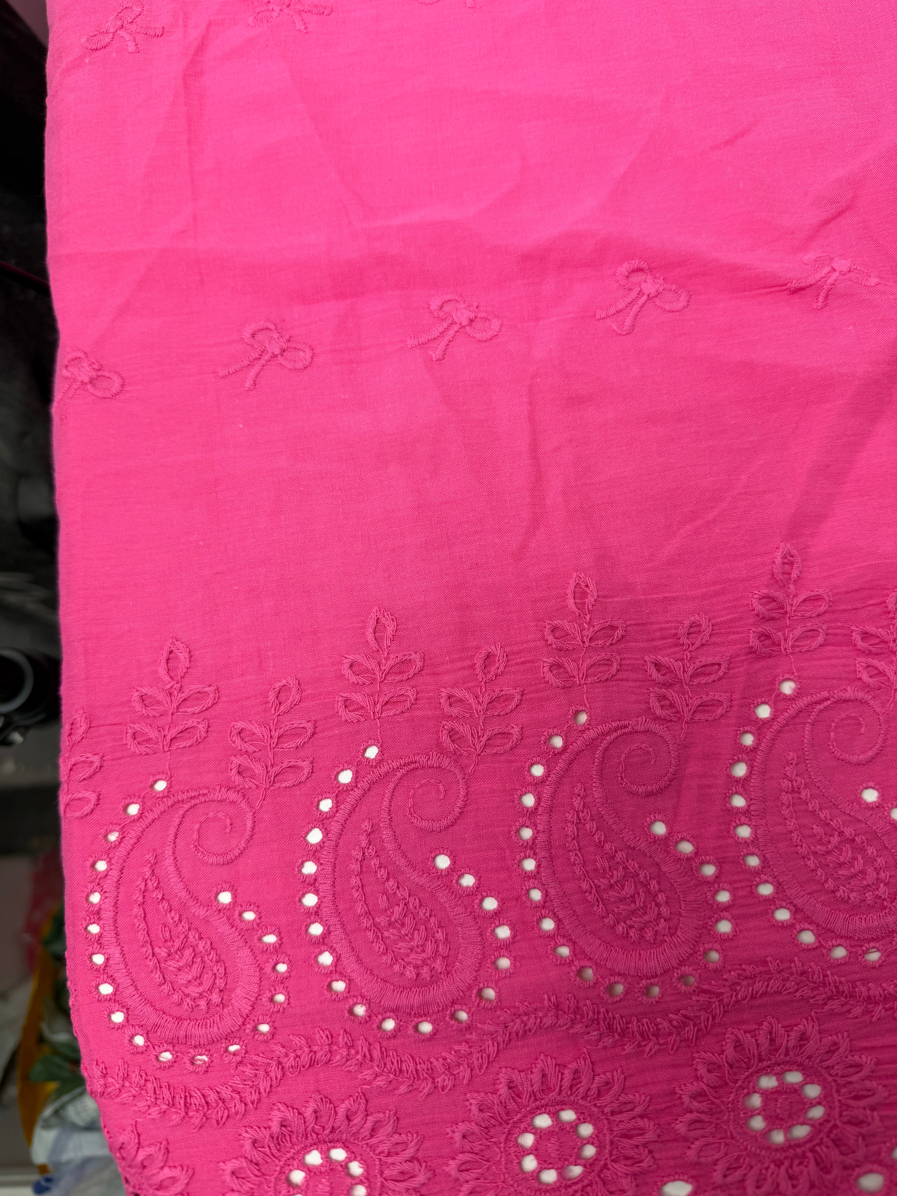 Pink Bows Cambric Cotton Broderie Anglaise