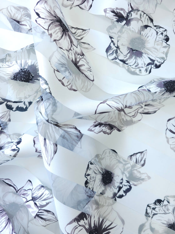 White/Clear Stripe Floral Organza
