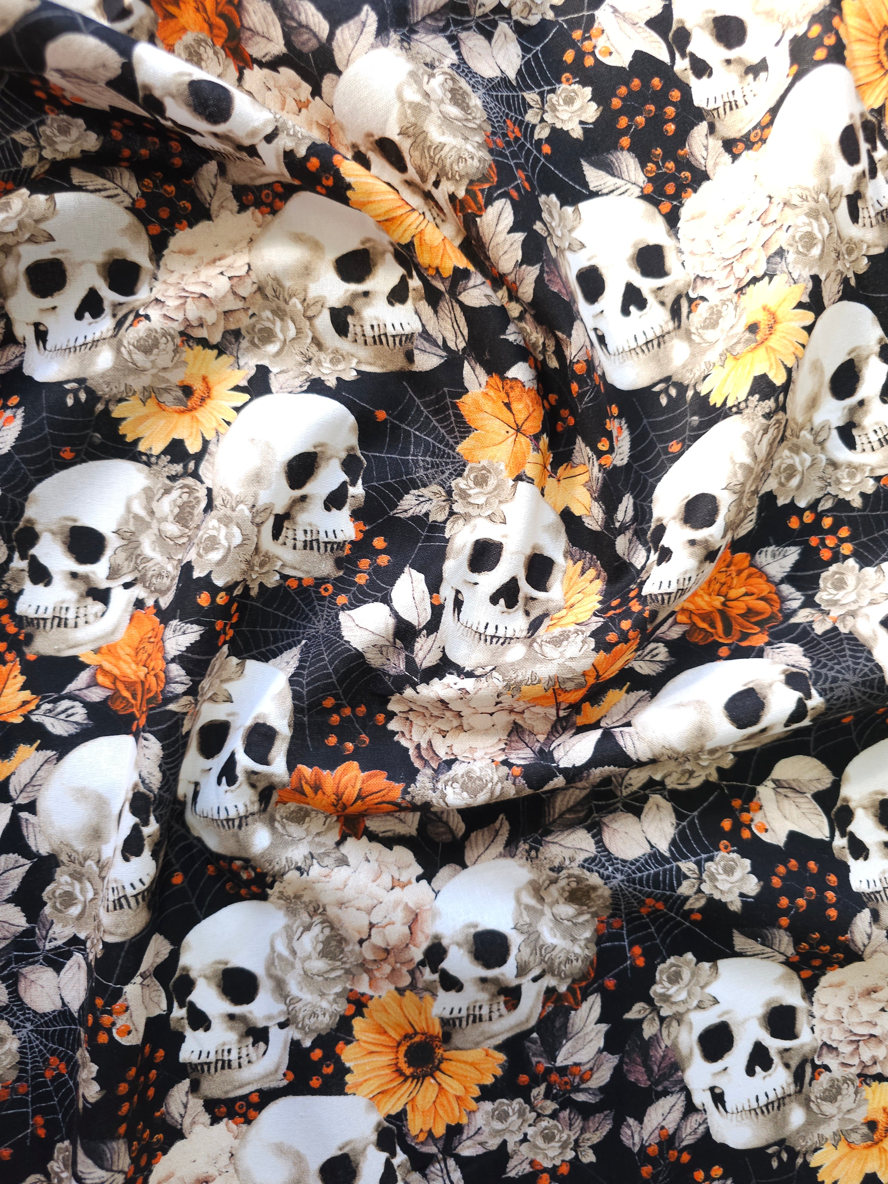 Black/Orange Floral Skull 100% Cotton