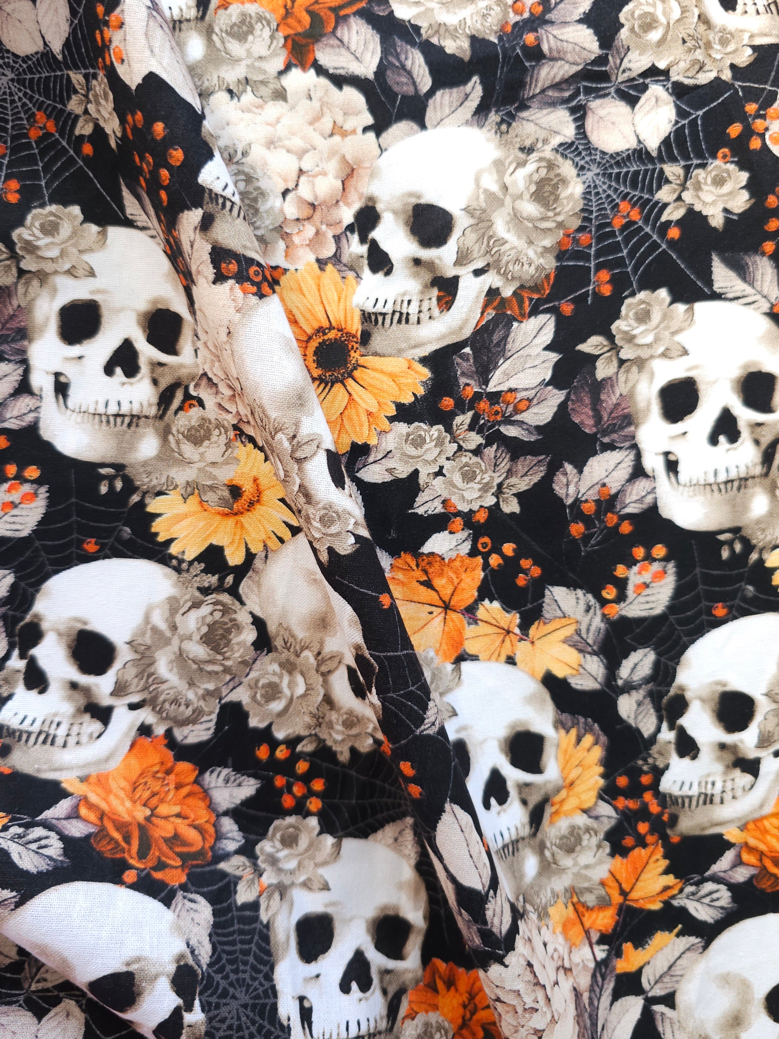 Black/Orange Floral Skull 100% Cotton