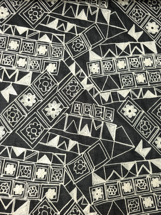Black Embroidered Abstract Cotton Voile