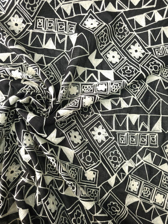 Black Embroidered Abstract Cotton Voile