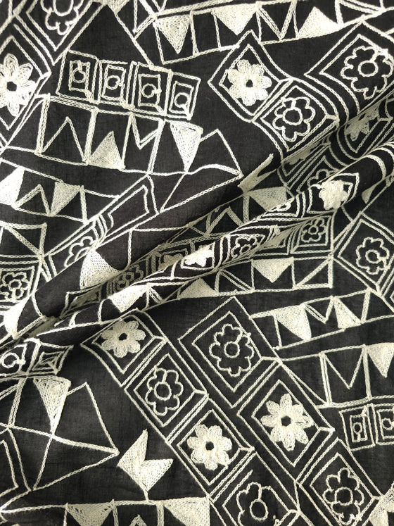 Black Embroidered Abstract Cotton Voile