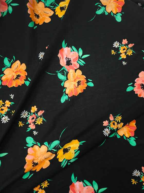 Orange/Black Floral Viscose Challis